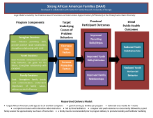 Graphic image of Strong African American Families Logic Model that outlines the program components, target areas and outcomes expected from program implementation